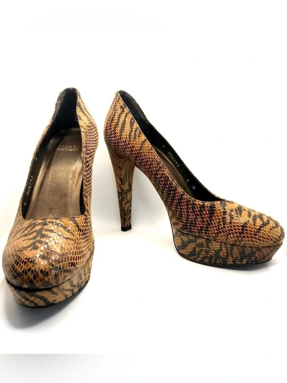 STUART WEITZMAN BROWN & BLACK LEATHER ANIMAL PRINT SNAKESKIN EMBOSSED HEELS (9)